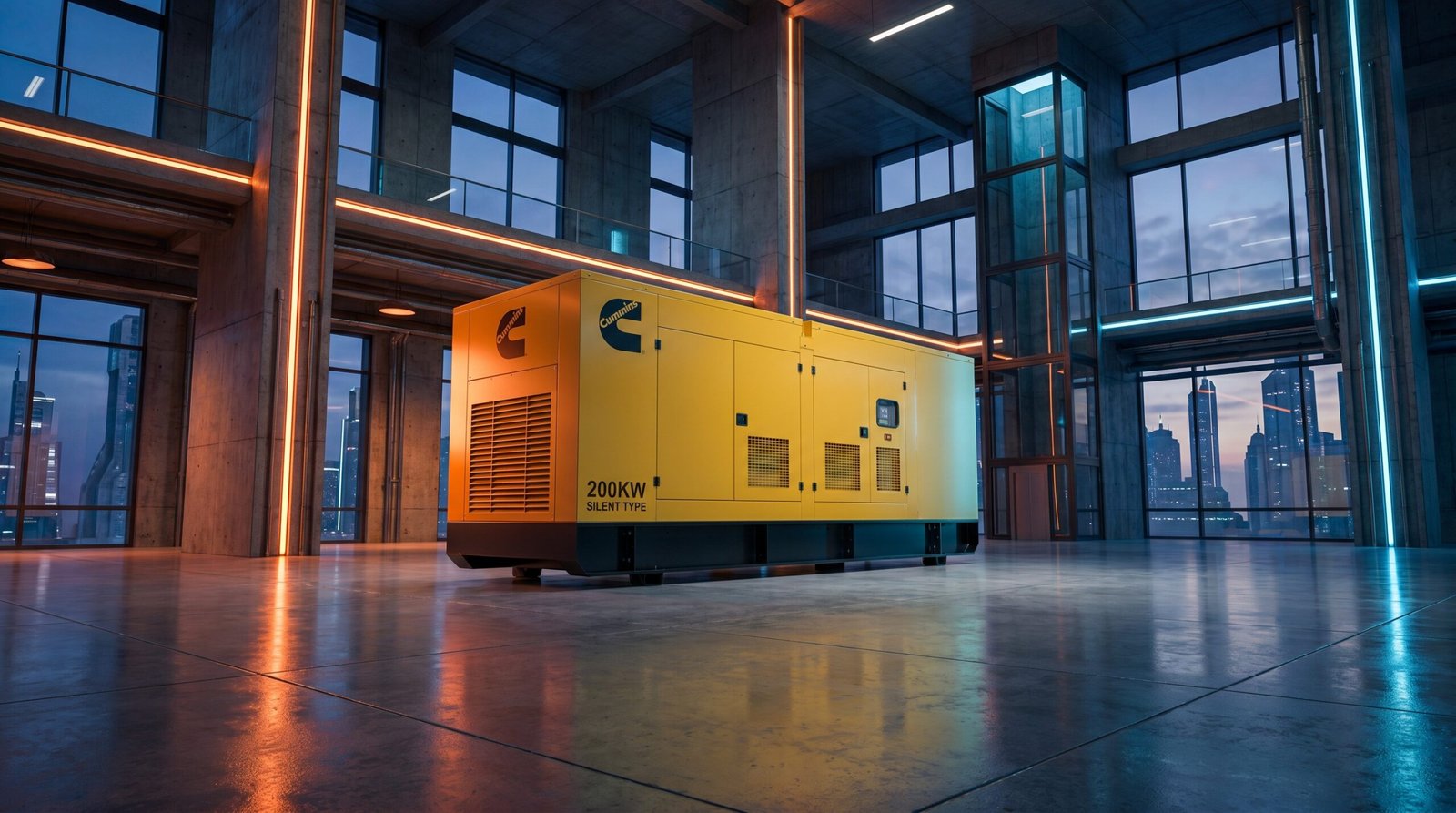 200kW Cummins diesel generator with a yellow enclosure in an industrial building