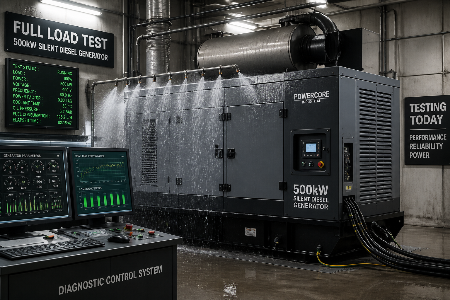 500kW silent diesel generator set undergoing a full load test with live parameters on the test bench