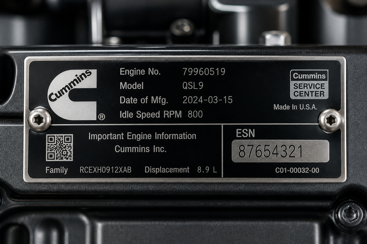 Close-up of a genuine Cummins engine nameplate with ESN used for verification before buying a silent diesel generator set