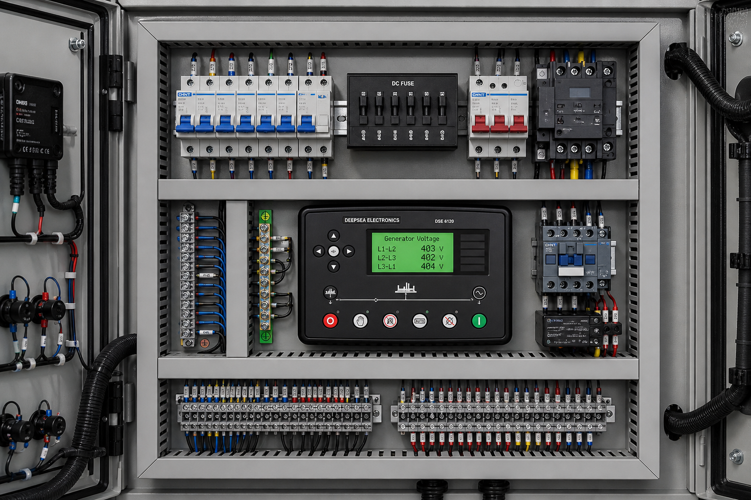 Deepsea Electronics DSE 6120 generator controller panel inside a silent diesel generator set control box