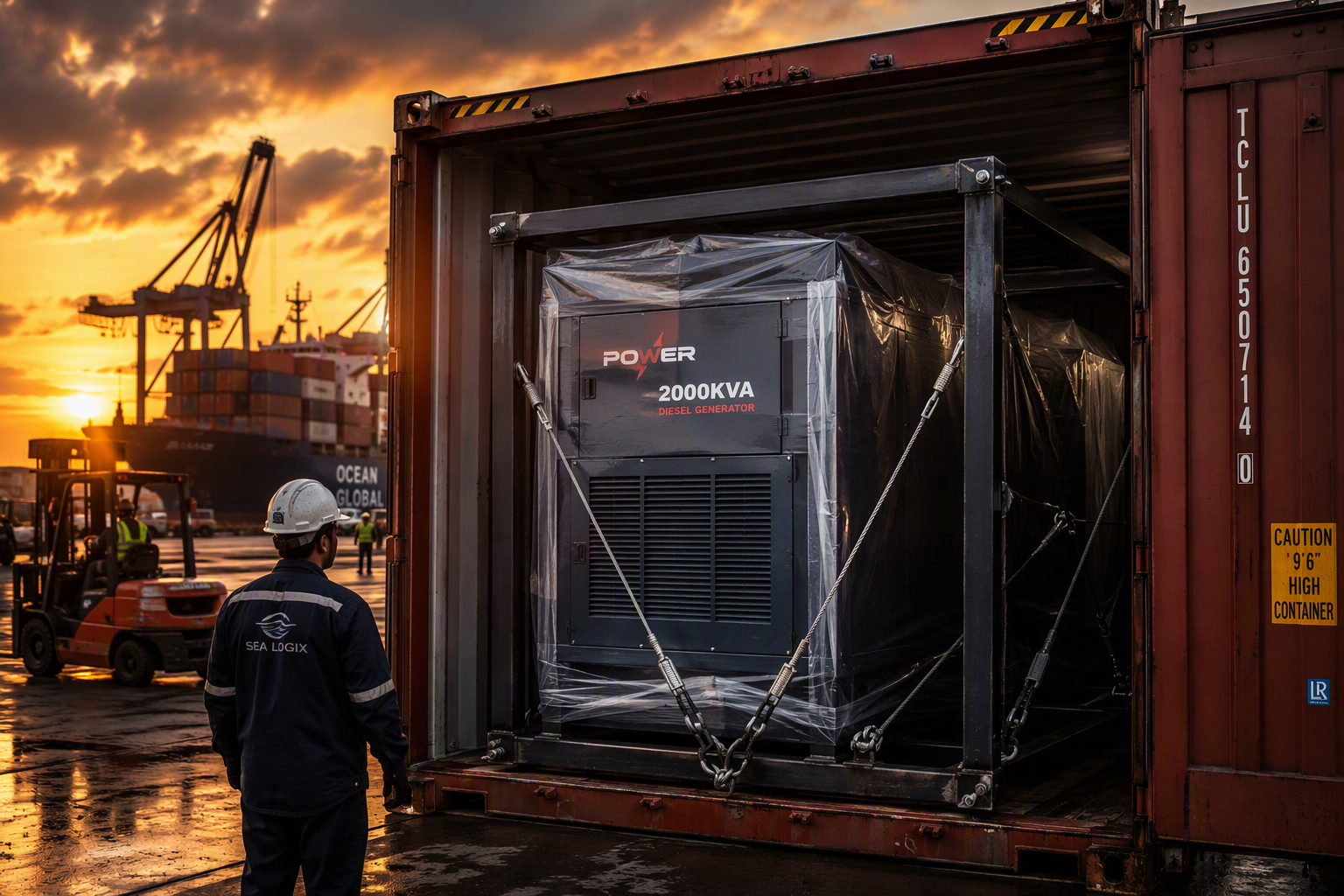 Diesel generator secured inside a shipping container at the port for export