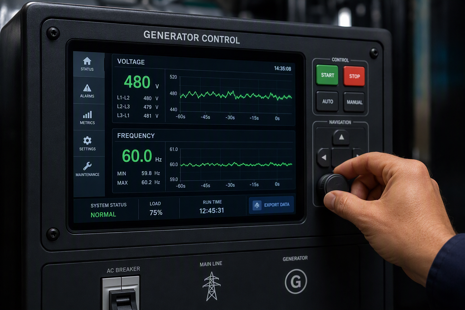 Diesel generator controller panel showing 480V 60Hz and 75% load with remote monitoring