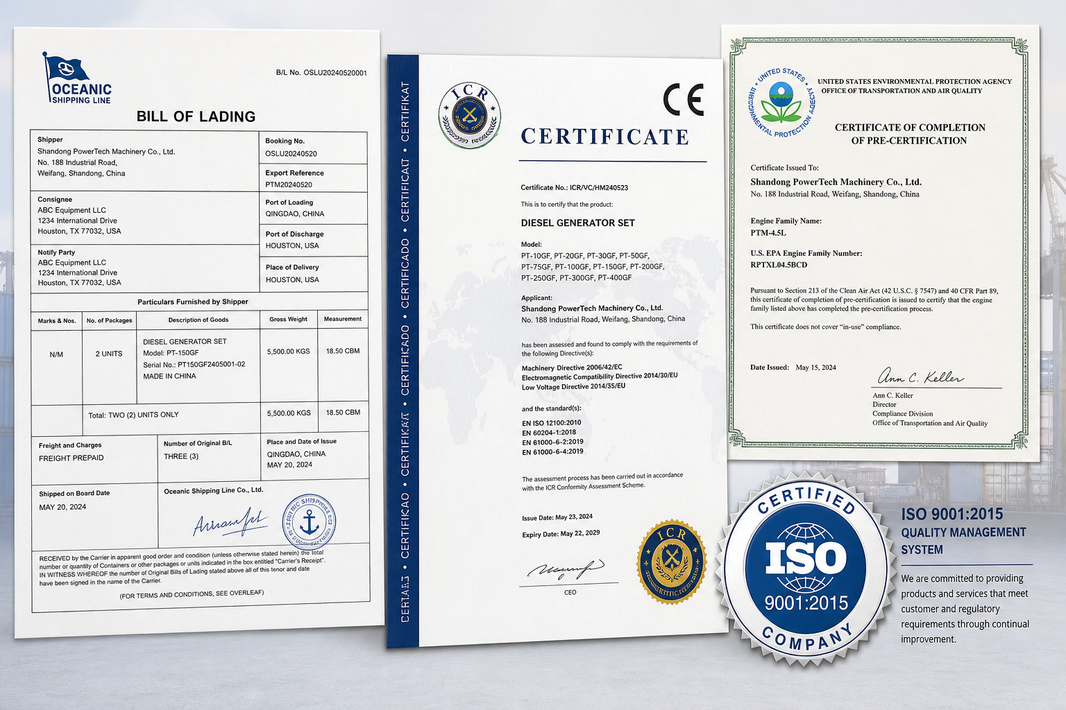 Export documents for a diesel generator set: bill of lading, CE certificate, EPA certificate and ISO 9001 seal
