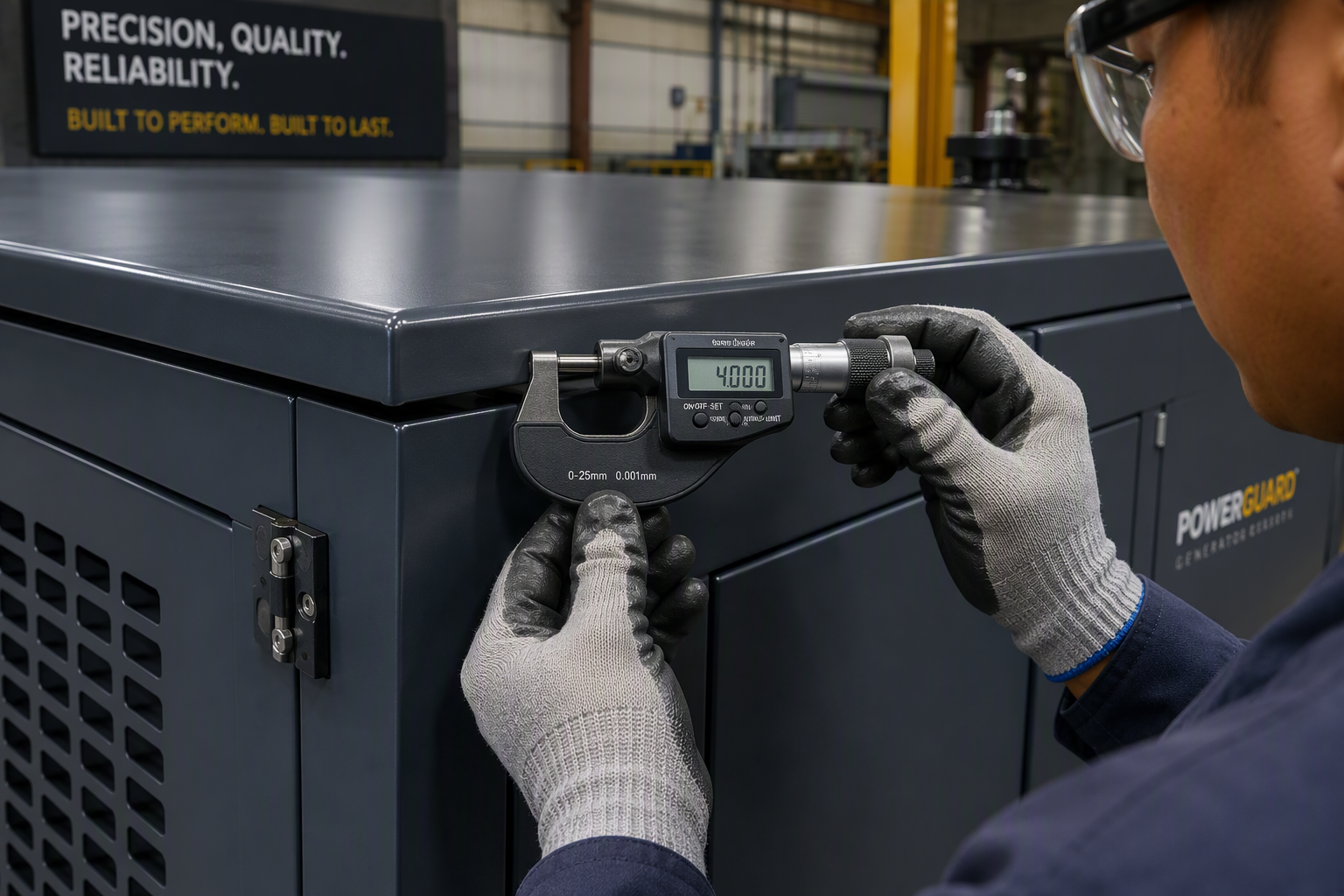 Digital micrometer measuring 4.0mm cold-rolled steel canopy panel thickness in the factory