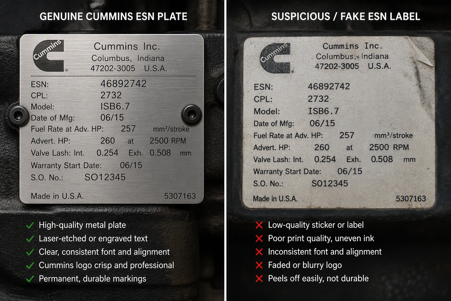 Genuine Cummins ESN nameplate compared with a suspicious fake label for engine verification