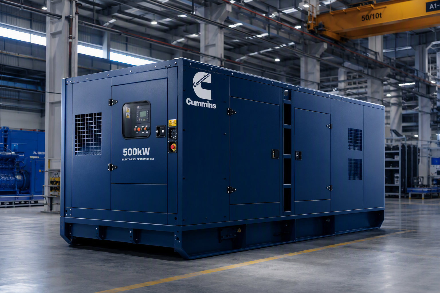Premium 500kW dark blue silent diesel generator in a modern factory