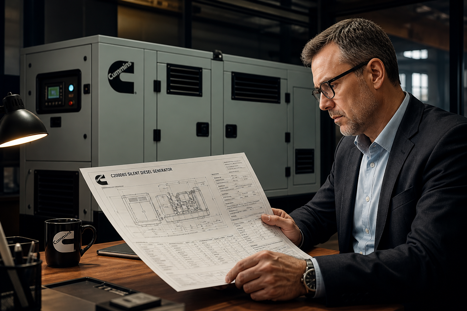 GoCommins CEO Alex Zhang reviewing a silent diesel generator specification sheet