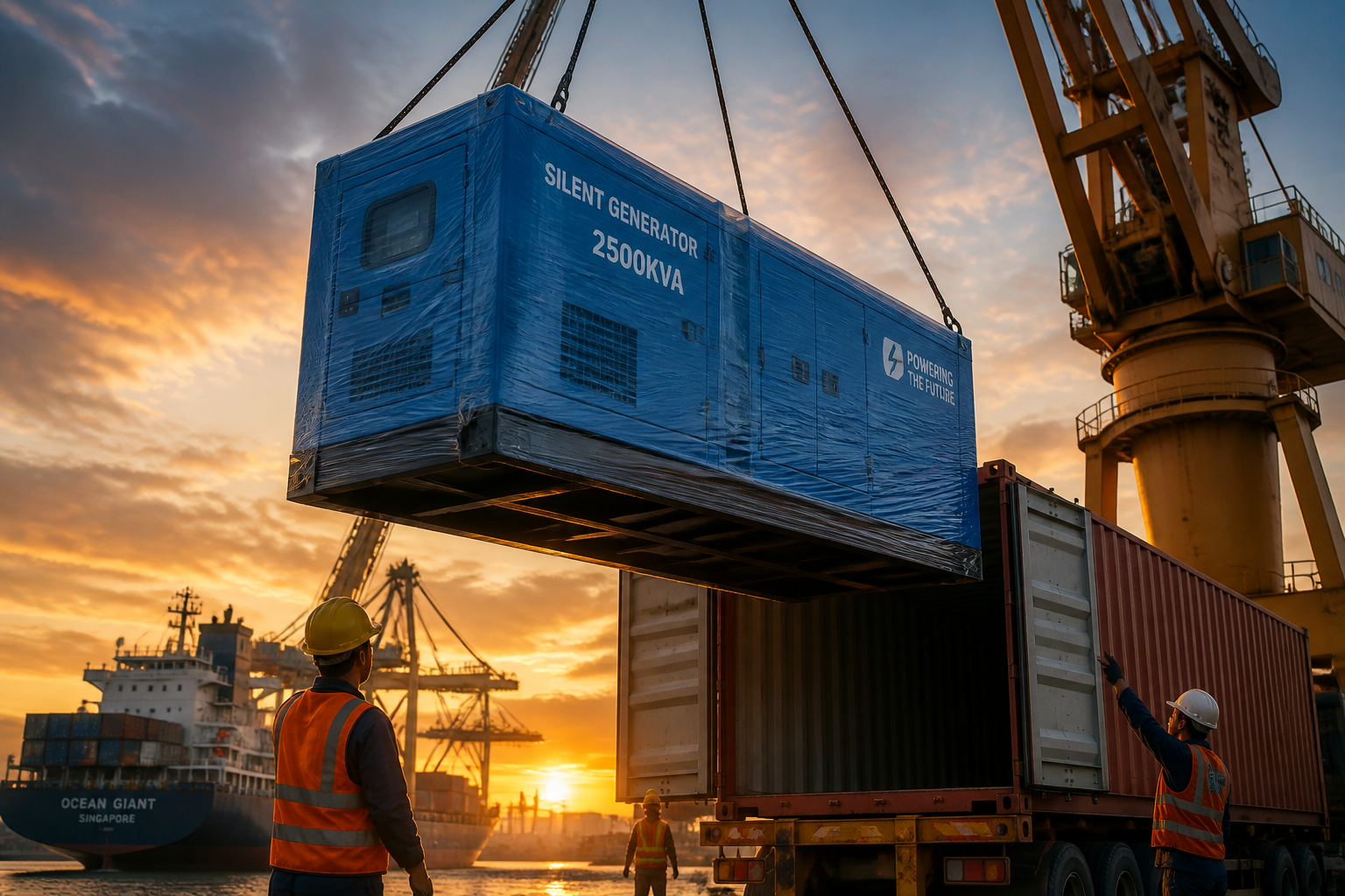 Silent diesel generator set being lifted into a shipping container at the port for export
