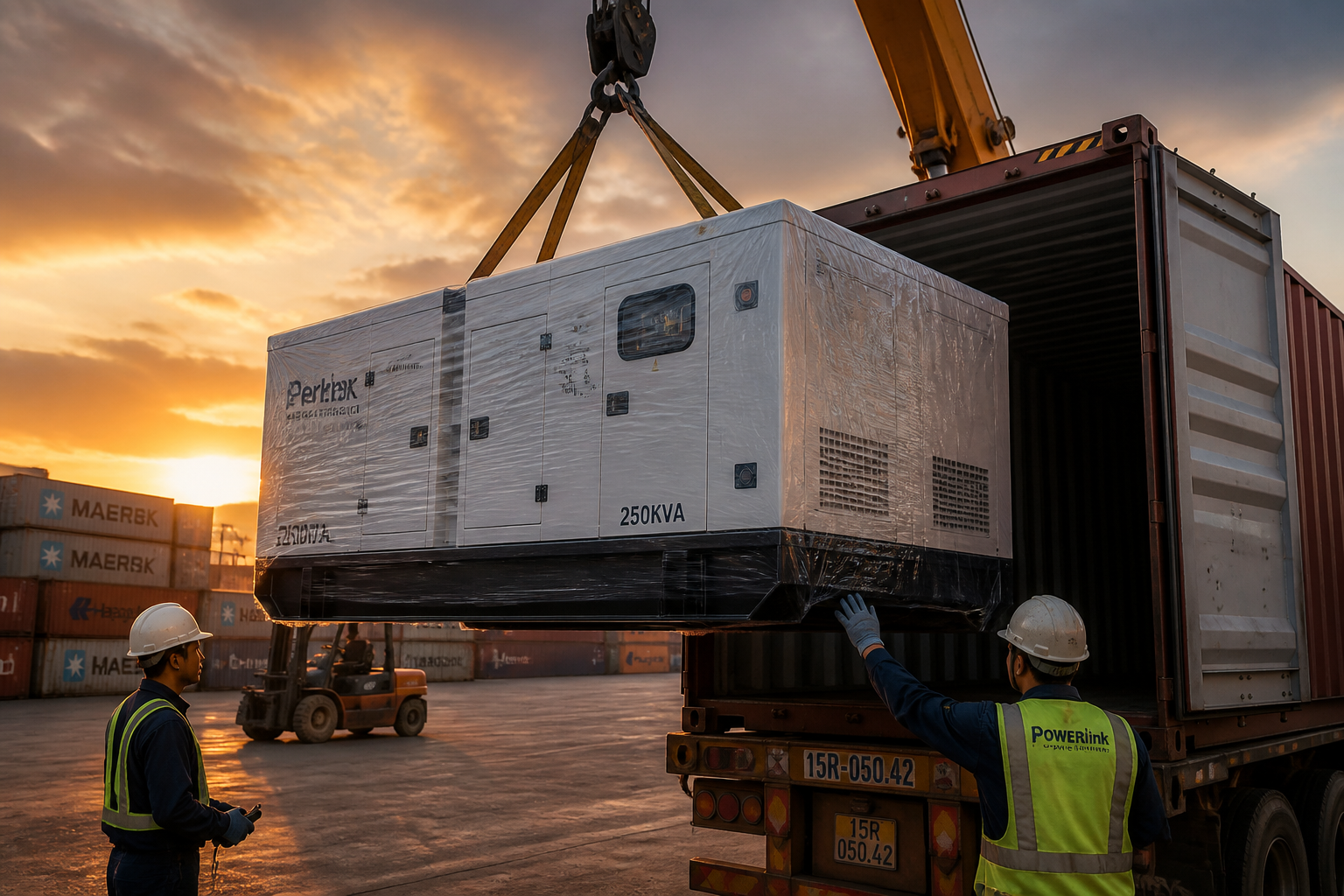 Silent diesel generator being loaded into a shipping container for export