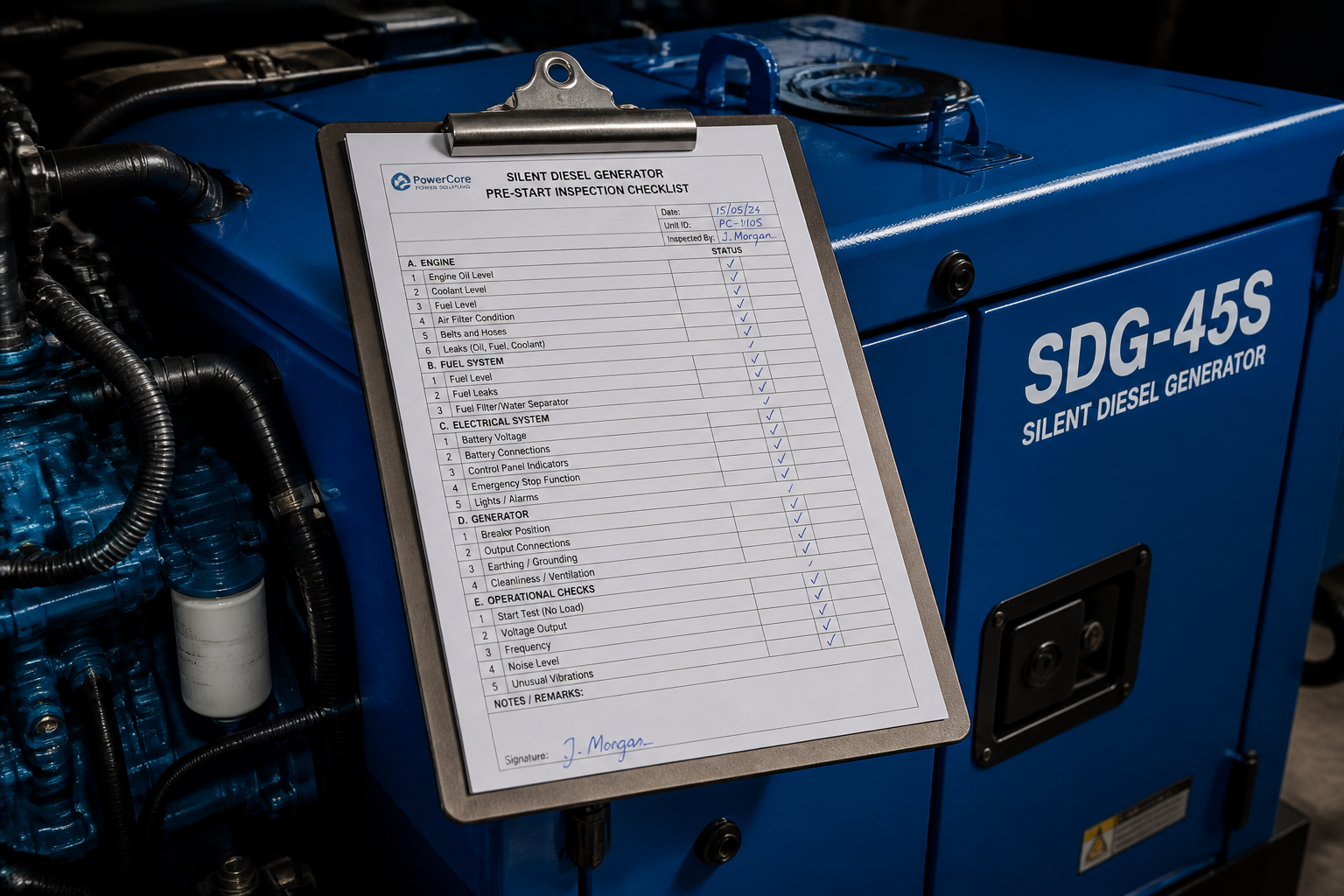 Pre-start inspection checklist attached to a silent diesel generator set with all check items marked