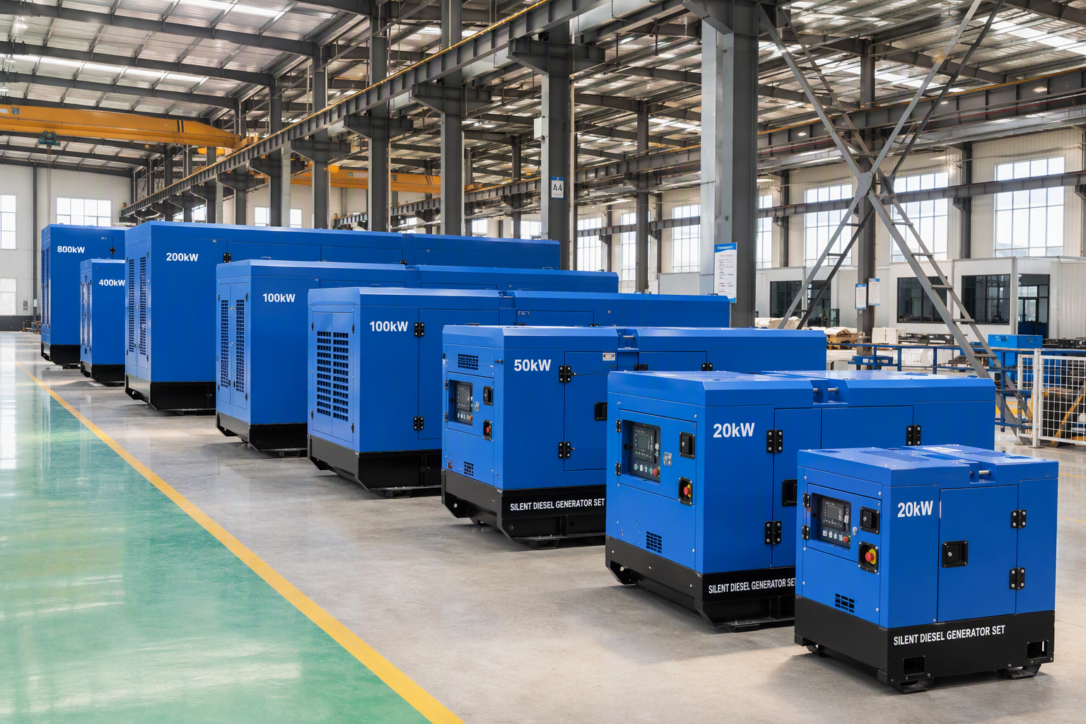 Factory floor with silent diesel generator sets ranging from 20kW to 800kW