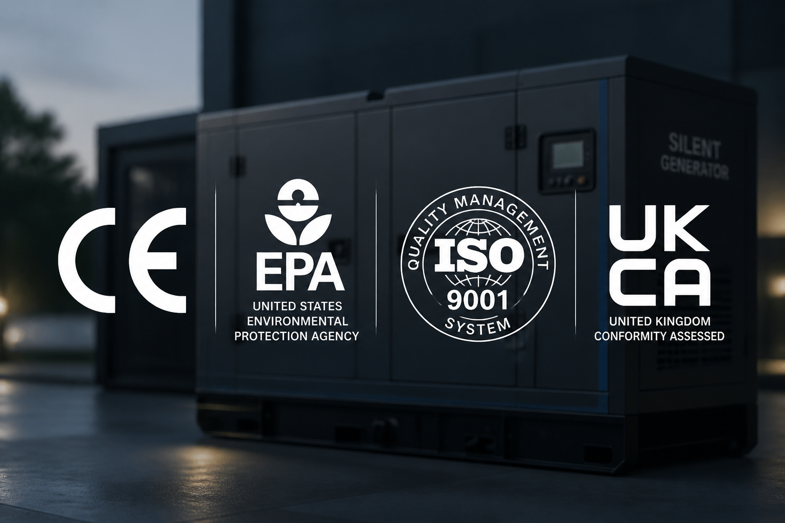 Silent generator with CE, EPA, ISO 9001 and UKCA certification marks