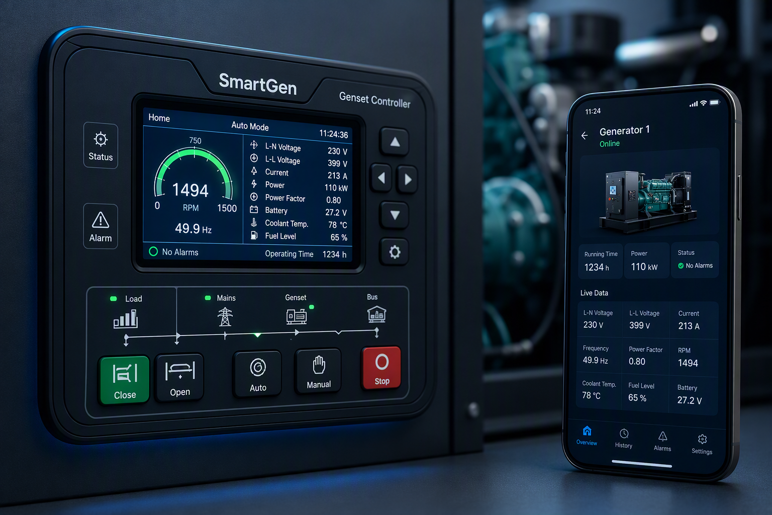 SmartGen genset controller paired with a remote monitoring smartphone app