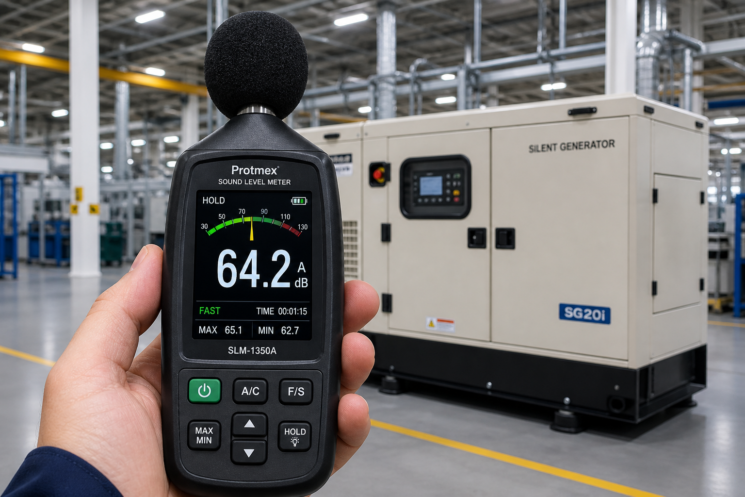 Sound level meter reading 64.2 dB(A) during a silent diesel generator canopy noise test