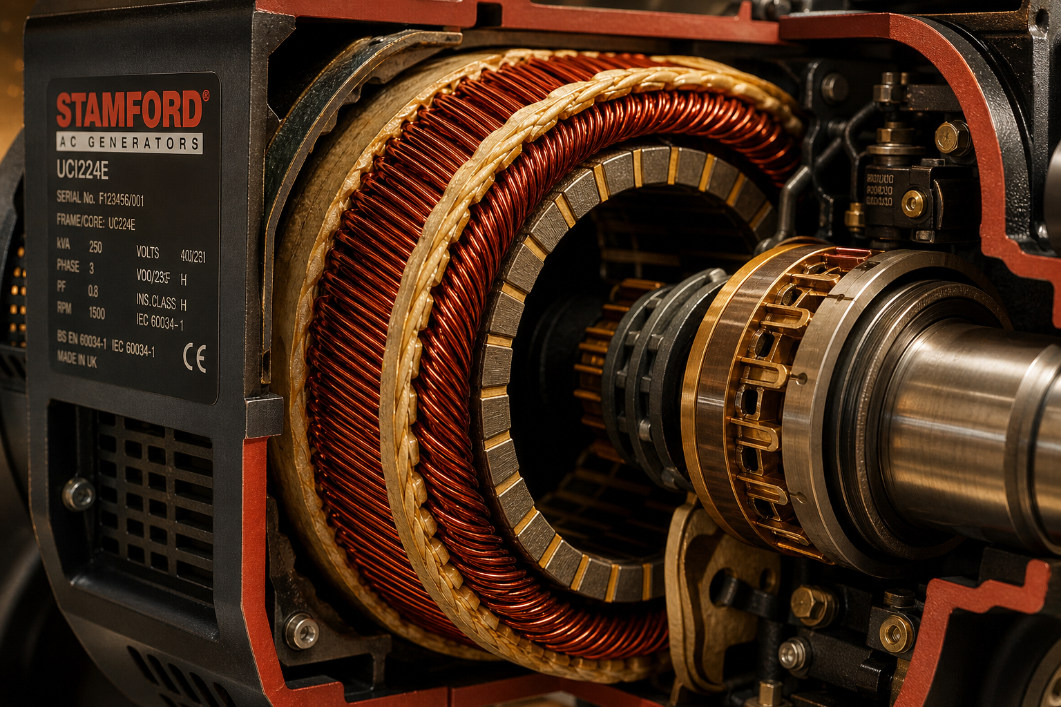 Cutaway view of a Stamford UCI224E alternator inside a silent genset