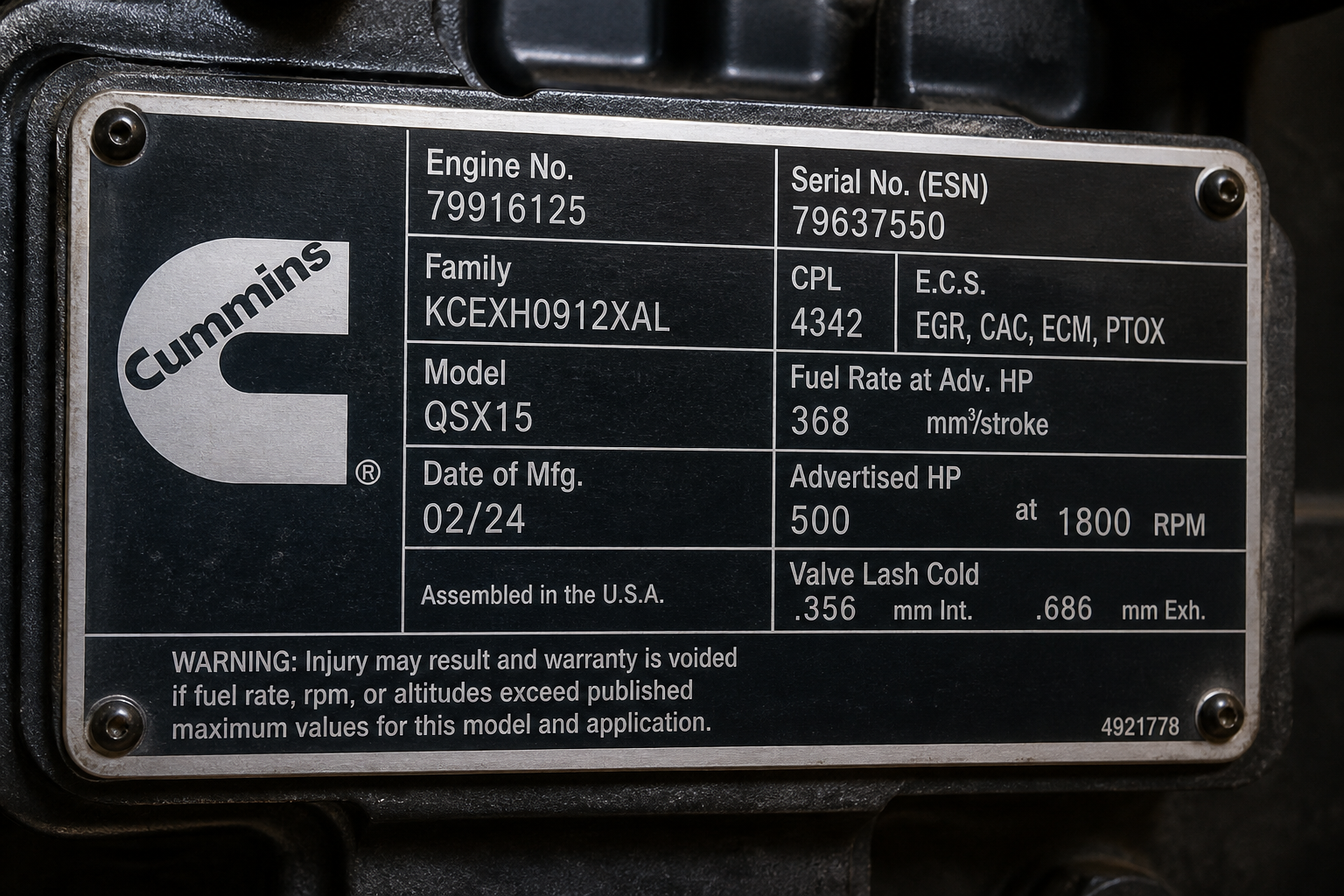Genuine Cummins engine nameplate with Engine Serial Number for verification