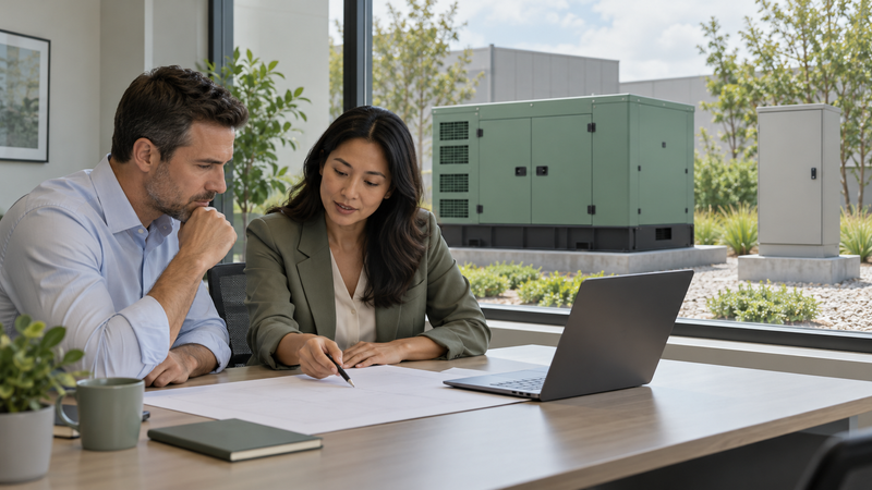 Procurement staff reviewing a generator and transfer switch supply brief