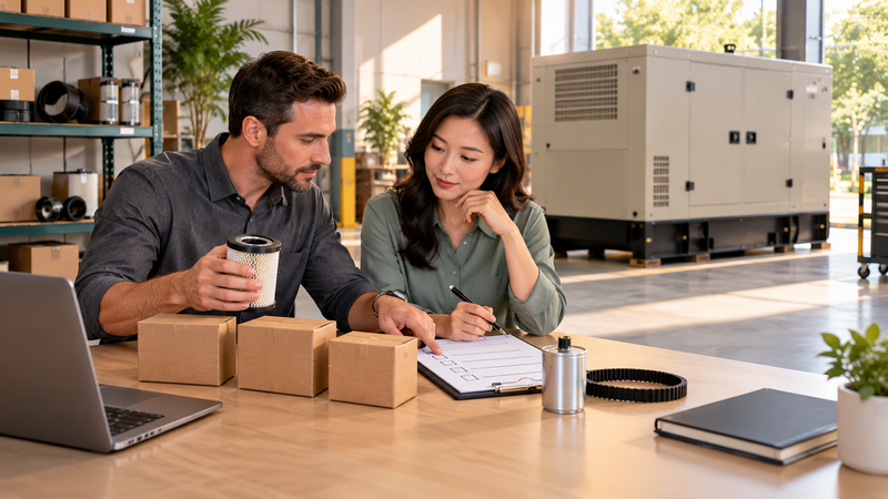 A procurement manager planning an initial spare parts package beside an unbranded silent generator