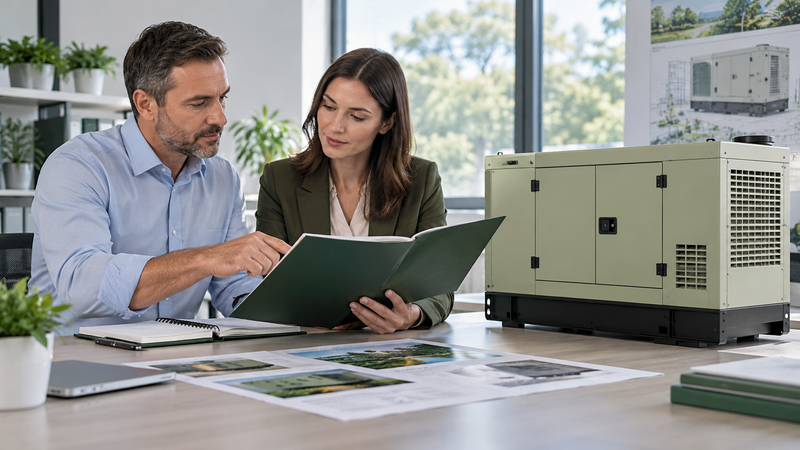 Buyer and service coordinator reviewing support arrangements for an enclosed generator