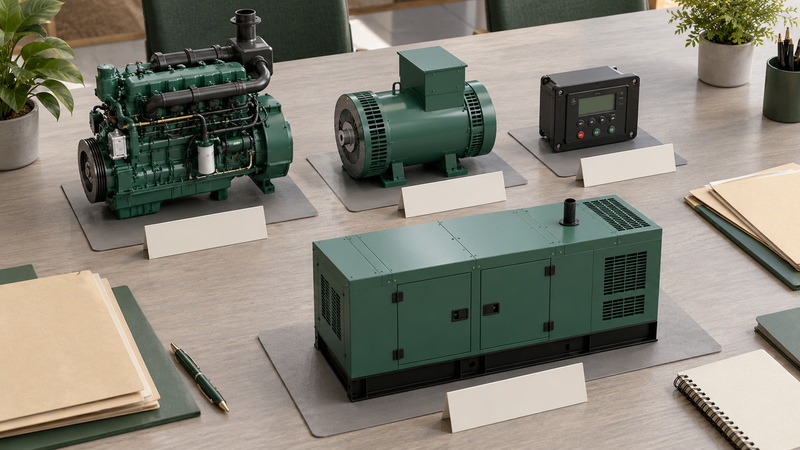 Separate engine, alternator and controller models beside an enclosed generator model