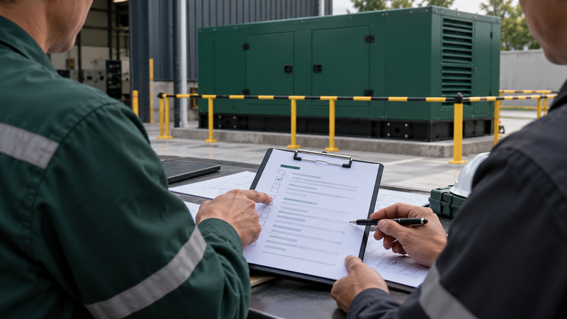 Buyer and supplier reviewing a generator inspection plan; AI-generated illustration