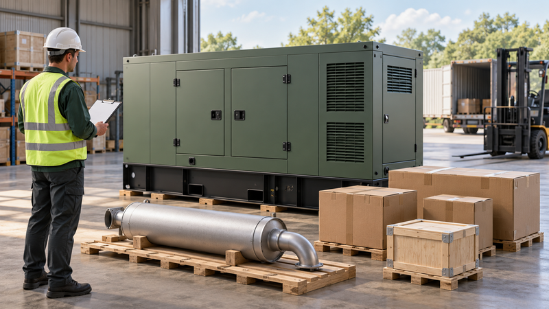 AI-generated illustration of a logistics team checking the packed generator and separate accessories