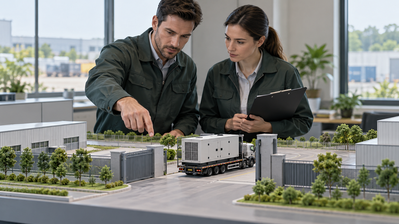 Logistics team checking a generator delivery route on a site model