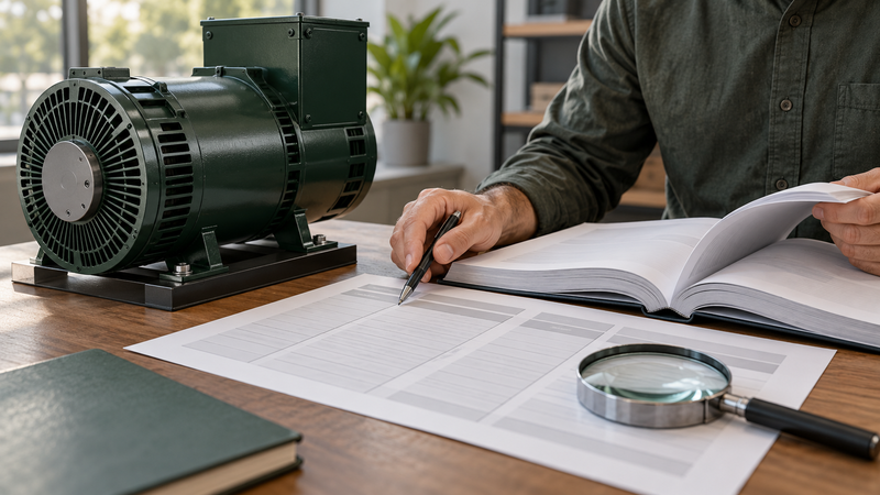 AI-generated illustration of a buyer reviewing alternator winding and voltage documentation