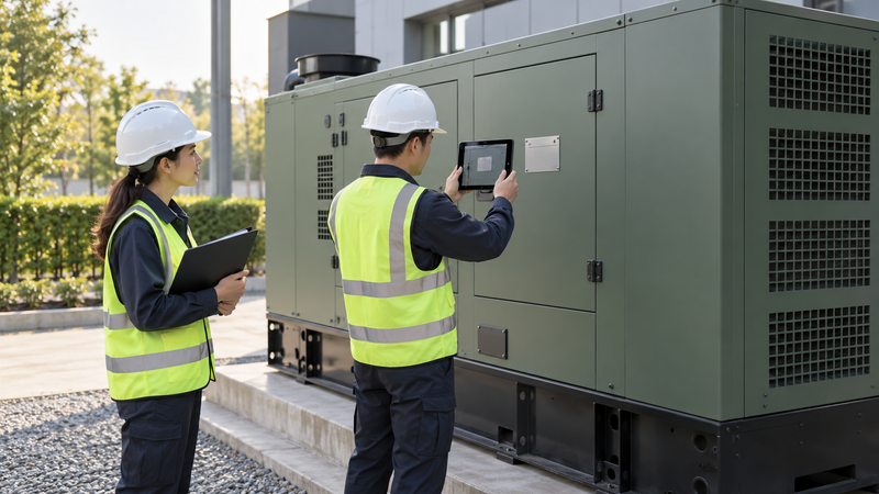 Technician documenting the identity of a stopped enclosed generator