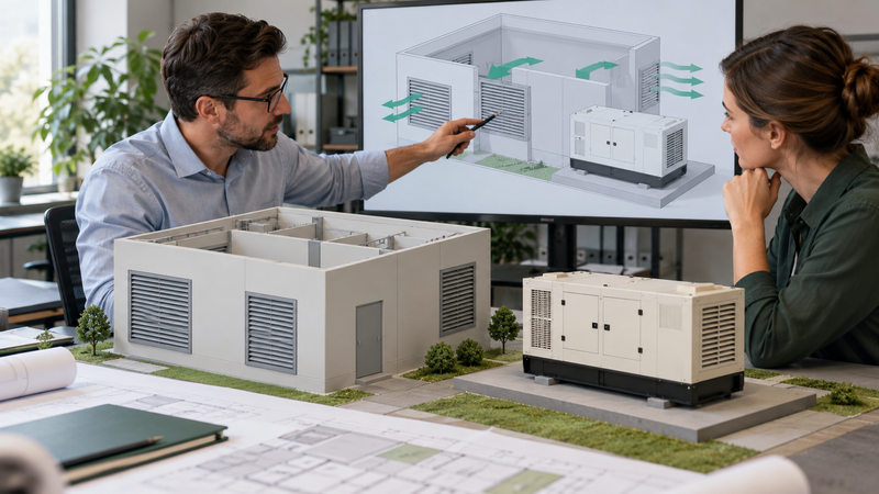 Engineer reviewing generator cooling air requirements and a building layout