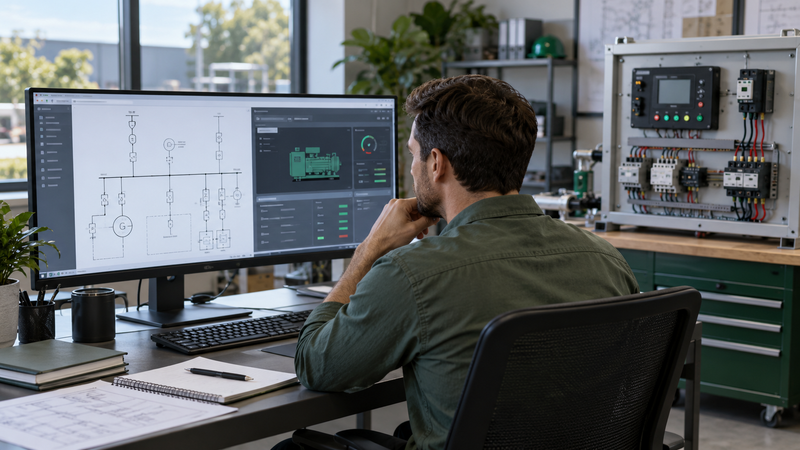 An engineer reviewing generator electrical interface documents