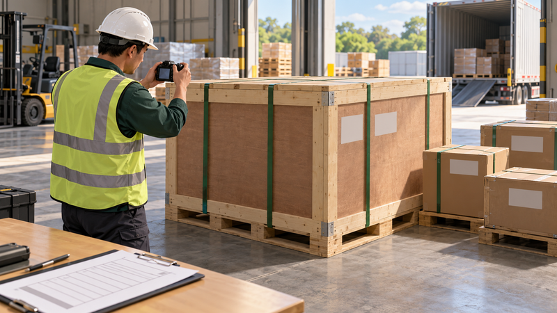 AI-generated illustration of an inspector documenting shipment identity and package condition
