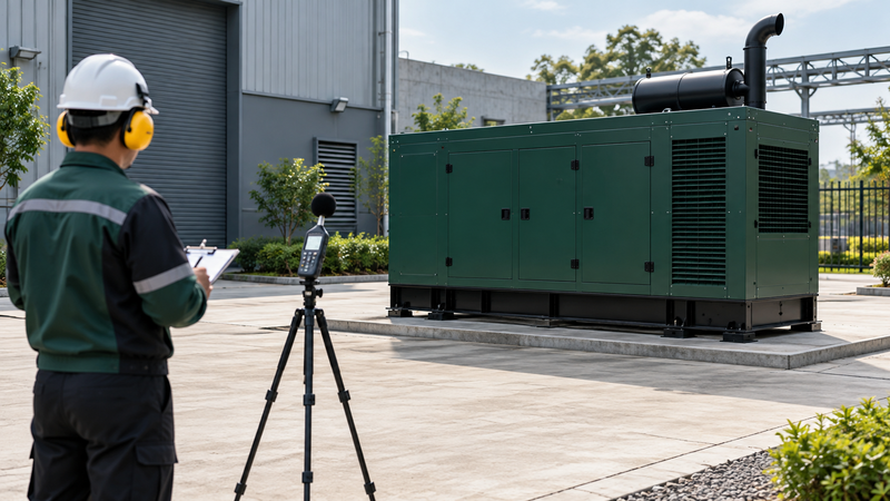 Sound measurement evidence for a silent generator enclosure; AI-generated illustration, not a measured or certified setup
