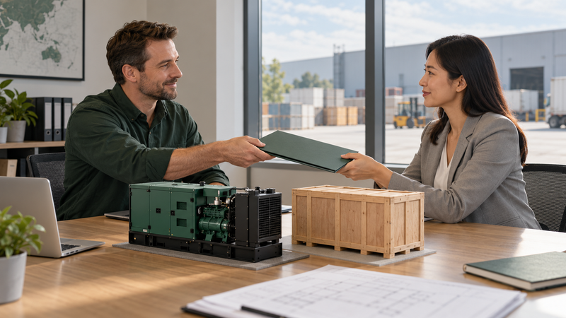AI-generated illustration of a buyer and engineer agreeing the final generator configuration