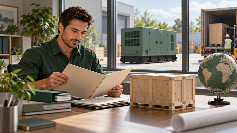AI-generated illustration of an export engineer reviewing an RFQ and handover folder