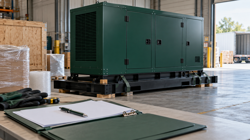 Inspection document handover before generator shipment; AI-generated illustration