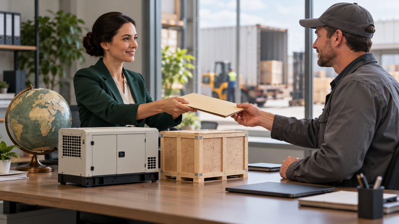 AI-generated illustration of an export coordinator handing over the shipment document folder