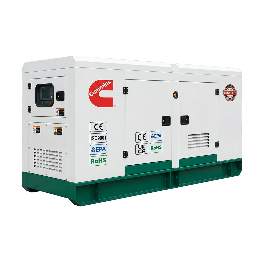 100kW Cummins-powered diesel generator with white enclosure and green base