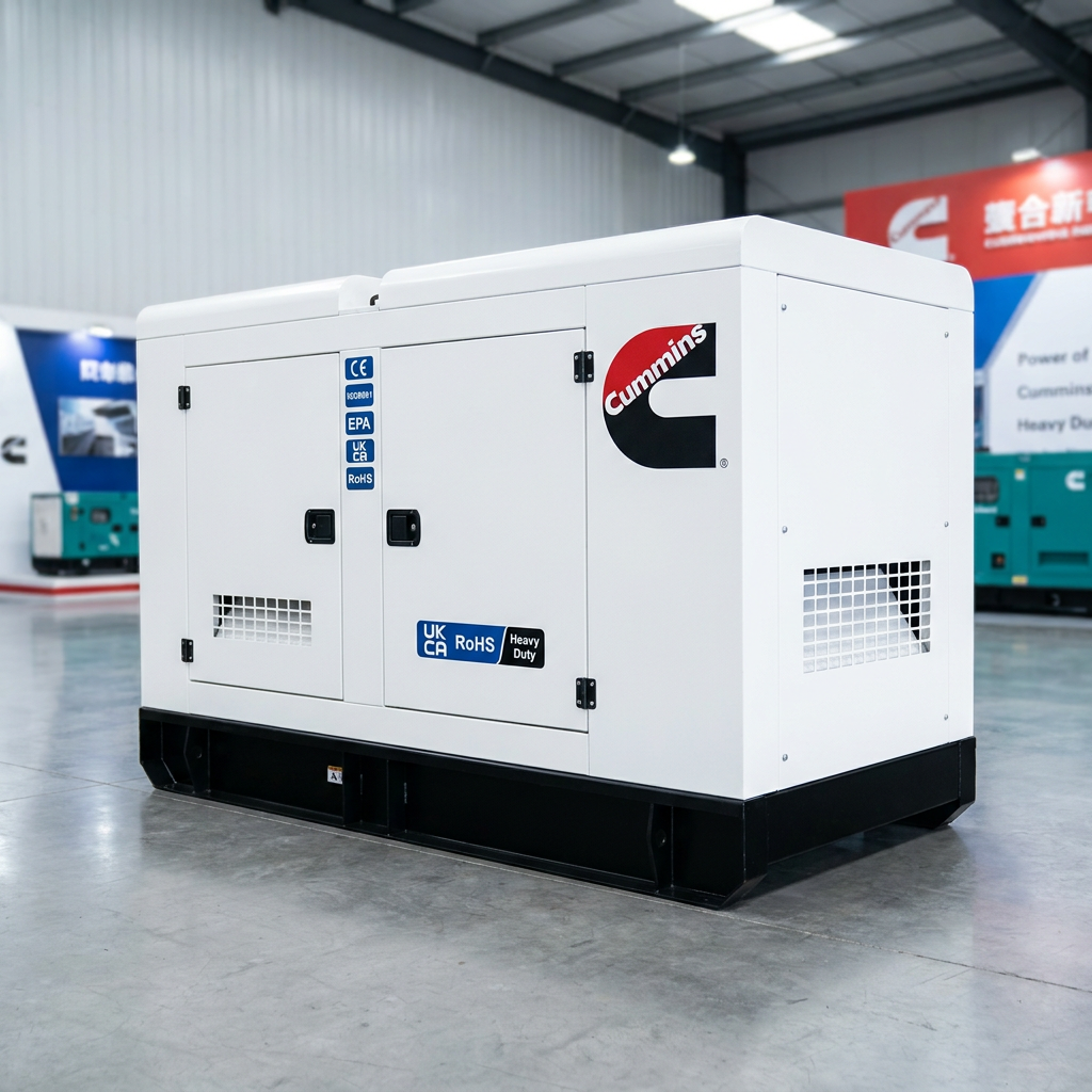 150kW Cummins diesel generator with a white enclosed housing and black base