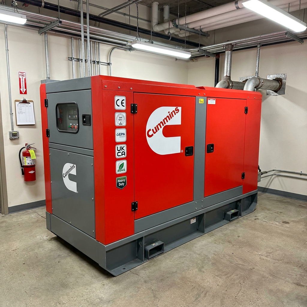 30kW Cummins generator in a red and grey enclosed housing inside a plant room