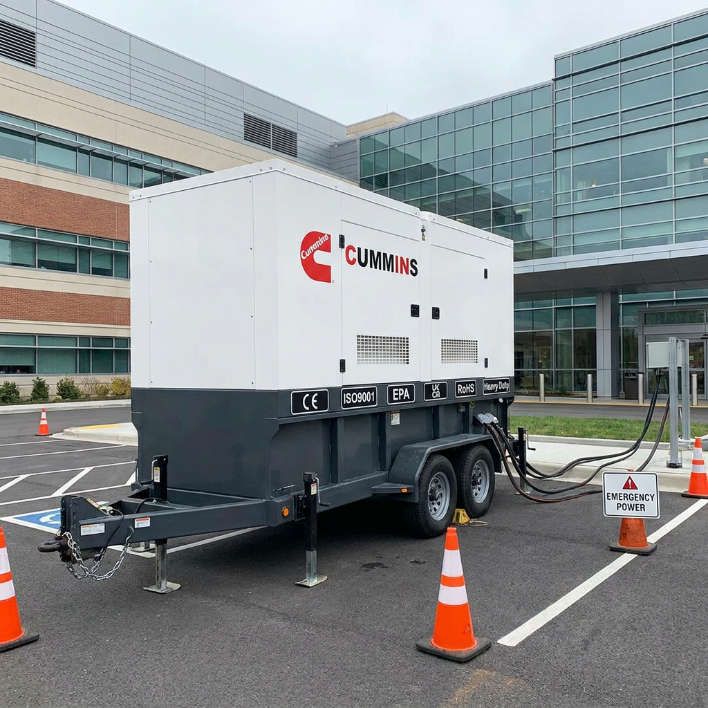 400kW Cummins trailer-mounted generator outside a commercial building