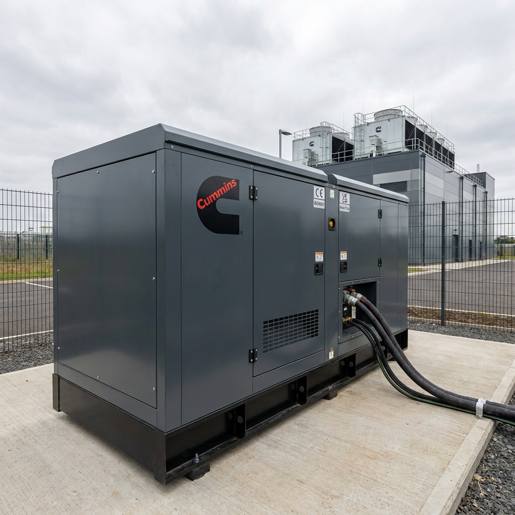 450kW Cummins enclosed diesel generator with a grey housing at an industrial site